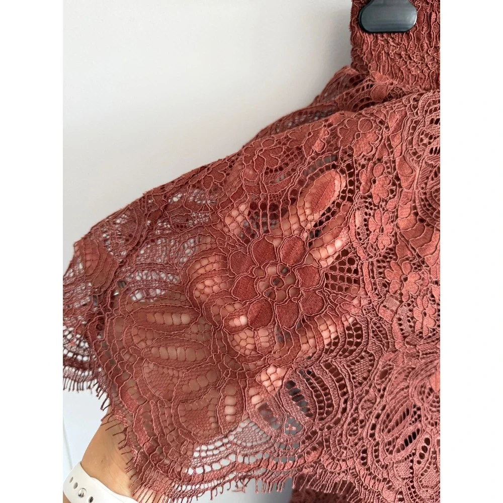 H&M Rust Brown Floral Lace Tiered Maxi Skirt Smocked Waist Size 2 Boho Summer